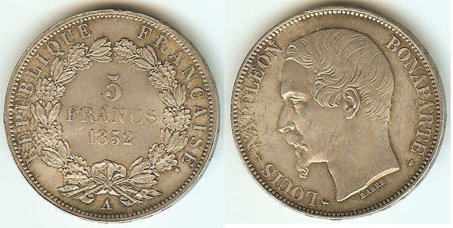 5 Francs Napoléon III 1852A Paris Unc.